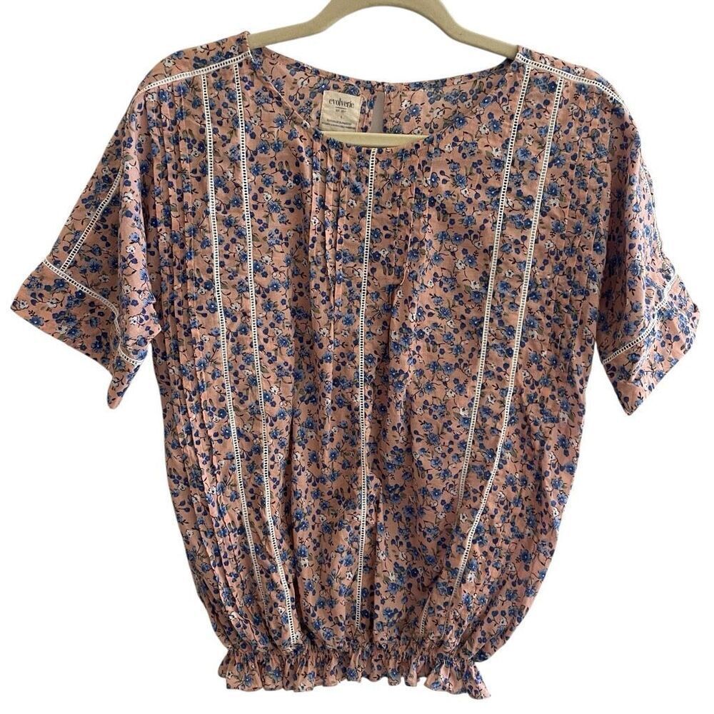 Evolverie Pink Ditsy Floral Peasant Cottage Core Top Women’s Size Small Cotton